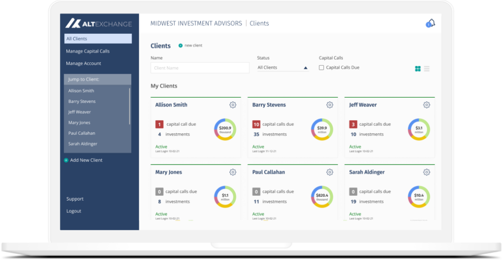 AdvisorVue, the alternative investment platform for financial advisors, dashboard showing client portfolios.