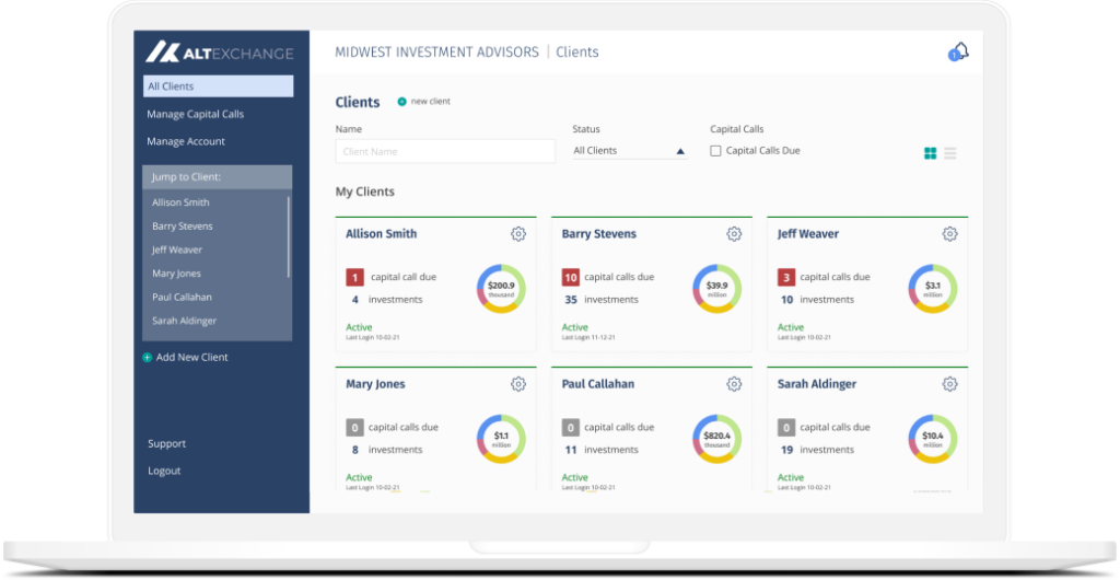 AltExchange's AdvisorVue client dashboard showing alternative investment performance details.