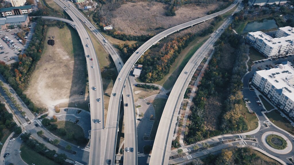 Winding roads and bridges, infrastructure in city.